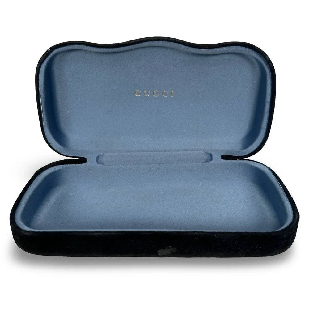 Gucci Black Velvet Sunglasses Case Light Blue Satin Lining Gold Logo Italy